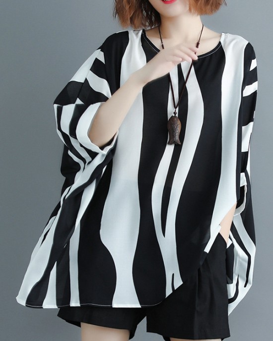 Original Chiffon Batwing Sleeves Striped Shirts Tops