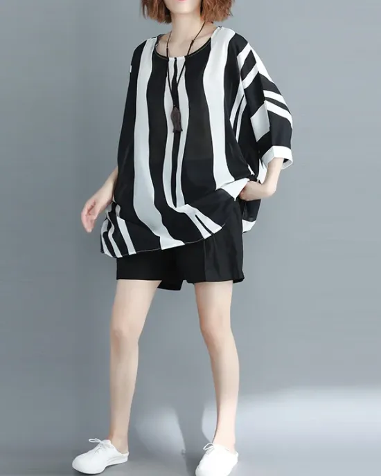 Original Chiffon Batwing Sleeves Striped Shirts Tops