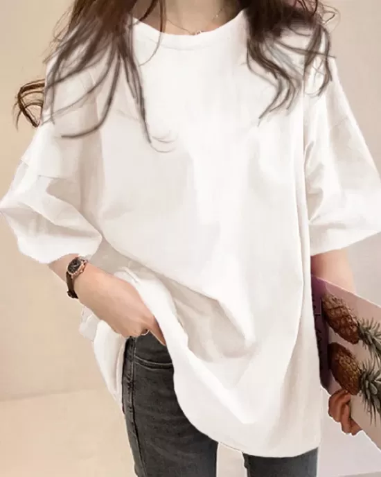 Casual Loose Puff Sleeve Round-Neck T-Shirts Tops