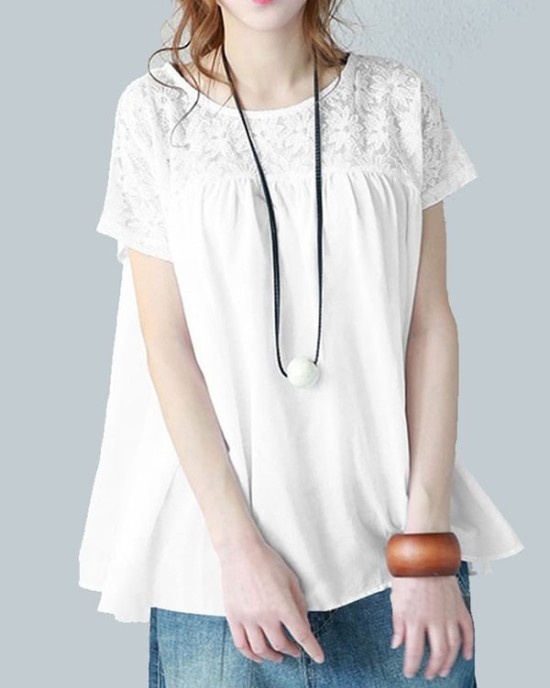 Vintage Solid Color Split-Joint Pleated Embroidered Hollow Lace Round-Neck Short Sleeves T-Shirt