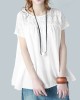 Vintage Solid Color Split-Joint Pleated Embroidered Hollow Lace Round-Neck Short Sleeves T-Shirt