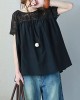 Vintage Solid Color Split-Joint Pleated Embroidered Hollow Lace Round-Neck Short Sleeves T-Shirt