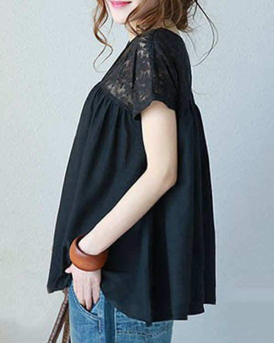 Vintage Solid Color Split-Joint Pleated Embroidered Hollow Lace Round-Neck Short Sleeves T-Shirt