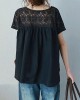 Vintage Solid Color Split-Joint Pleated Embroidered Hollow Lace Round-Neck Short Sleeves T-Shirt