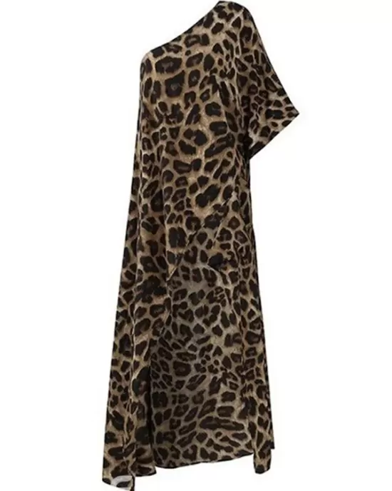 Stylish Leopard Printed Asymmetric One-Shoulder Loose T-Shirt Tops