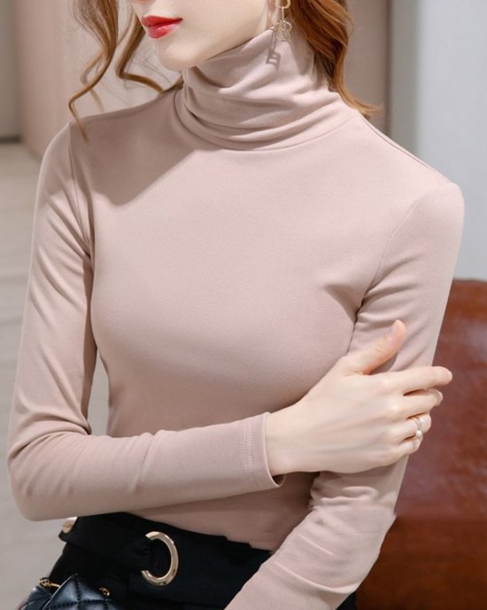 Simple 9 Colors High-Neck Long Sleeves T-Shirt Top