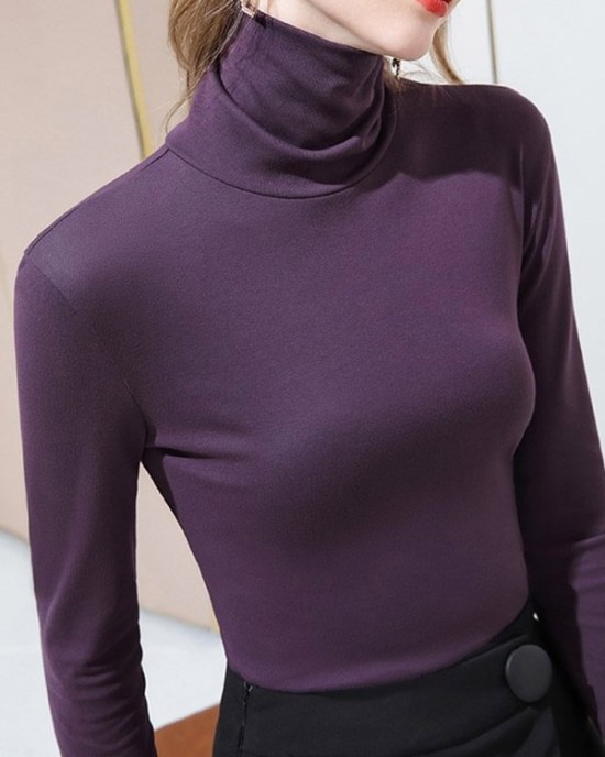 Simple 9 Colors High-Neck Long Sleeves T-Shirt Top