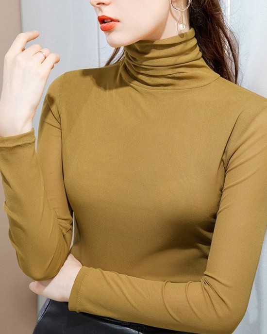 13 Colors High-Neck  Solid Color Long Sleeves T-Shirt Top