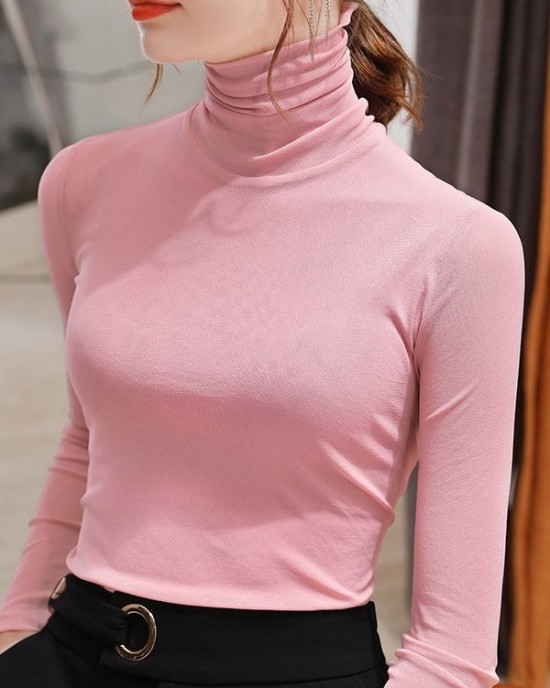 13 Colors High-Neck  Solid Color Long Sleeves T-Shirt Top