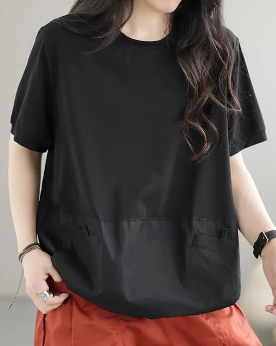 Split-Joint Loose Short Sleeves Round-Neck T-Shirts Tops