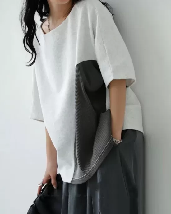 Contrast Color Batwing Sleeves Half Sleeves Round-neck T-Shirts Tops