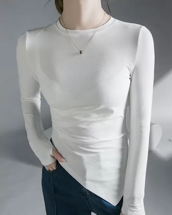 Asymmetric Pleated Solid Color Long Sleeves Skinny Round-Neck T-Shirts Tops