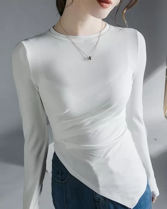 Asymmetric Pleated Solid Color Long Sleeves Skinny Round-Neck T-Shirts Tops