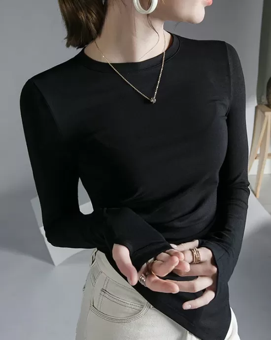 Asymmetric Pleated Solid Color Long Sleeves Skinny Round-Neck T-Shirts Tops