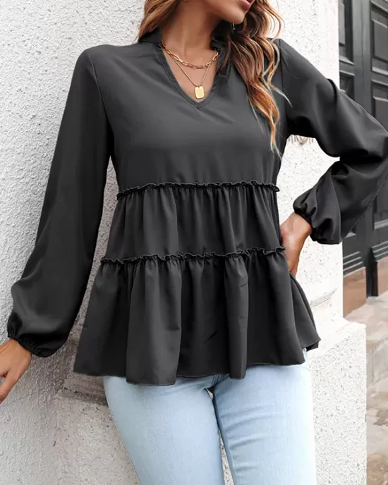 Solid Color Long Sleeves Loose V-Neck T-Shirts Tops