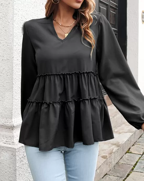 Solid Color Long Sleeves Loose V-Neck T-Shirts Tops