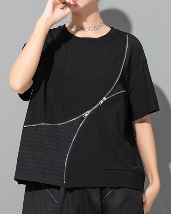 Asymmetric Split-Joint Zipper Loose Short Sleeves Round-neck T-Shirts Tops