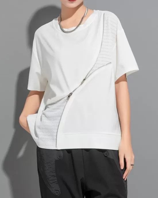 Asymmetric Split-Joint Zipper Loose Short Sleeves Round-neck T-Shirts Tops