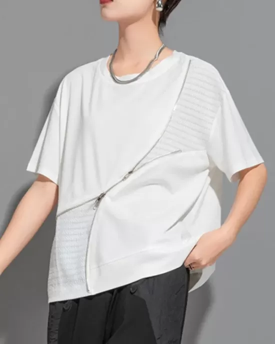 Asymmetric Split-Joint Zipper Loose Short Sleeves Round-neck T-Shirts Tops