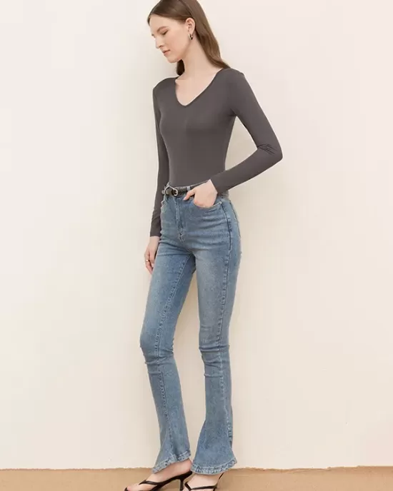 Casual Skinny Long Sleeves Solid Color V-Neck T-Shirts