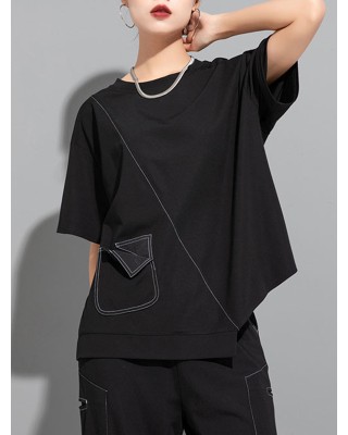 Asymmetric Solid Color Split-Joint Loose Short Sleeves Round-Neck T-Shirts Tops