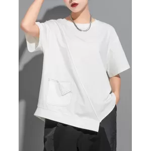 Asymmetric Solid Color Split-Joint Loose Short Sleeves Round-Neck T-Shirts Tops