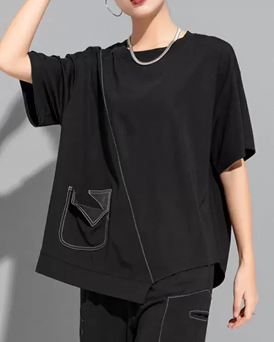 Asymmetric Solid Color Split-Joint Loose Short Sleeves Round-Neck T-Shirts Tops