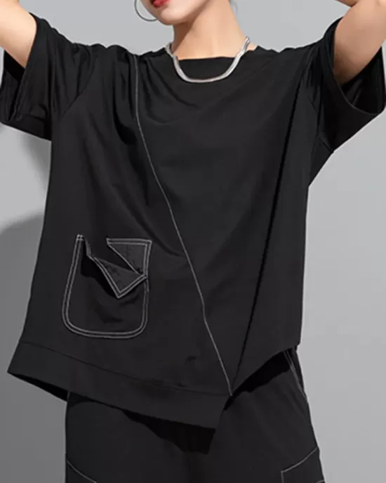 Asymmetric Solid Color Split-Joint Loose Short Sleeves Round-Neck T-Shirts Tops