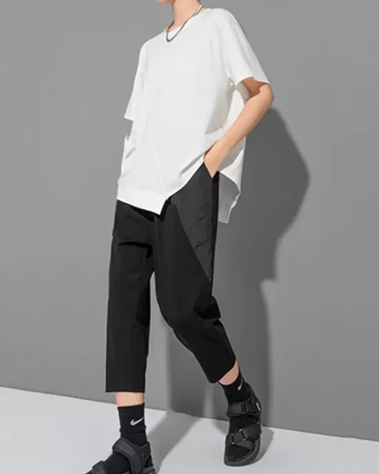 Asymmetric Solid Color Split-Joint Loose Short Sleeves Round-Neck T-Shirts Tops