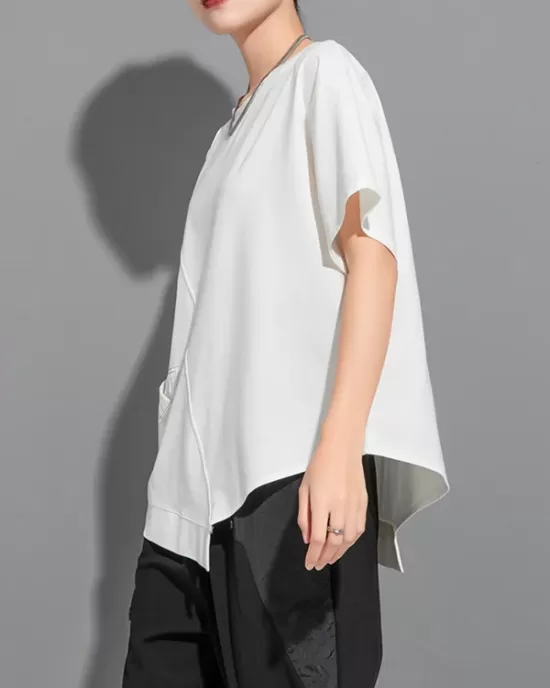 Asymmetric Solid Color Split-Joint Loose Short Sleeves Round-Neck T-Shirts Tops