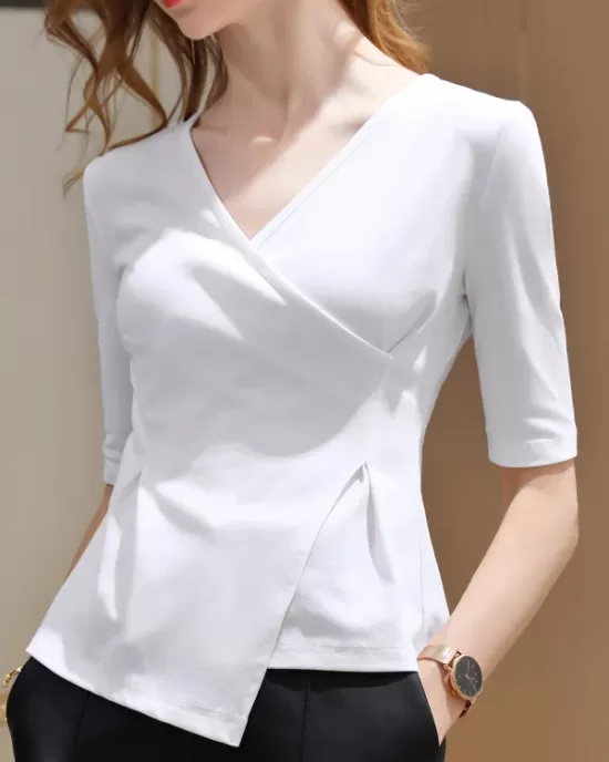 Asymmetric Solid Color Half Sleeves Skinny V-Neck T-Shirts Tops