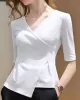 Asymmetric Solid Color Half Sleeves Skinny V-Neck T-Shirts Tops