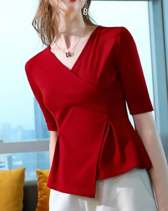 Asymmetric Solid Color Half Sleeves Skinny V-Neck T-Shirts Tops