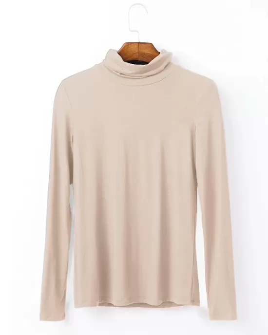 Simple Long Sleeves Skinny Solid Color High-Neck T-Shirts