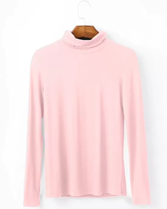 Simple Long Sleeves Skinny Solid Color High-Neck T-Shirts