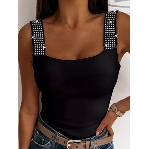 Elasticity Rhinestone Split-Joint Skinny Sleeveless Spaghetti-Neck Vest Top