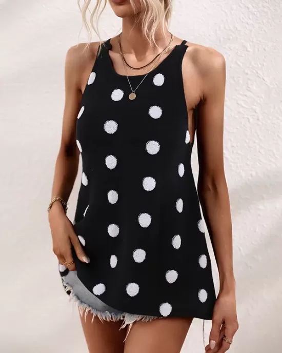 Hollow Polka-Dot High-Low Sleeveless Round-Neck Vest Top