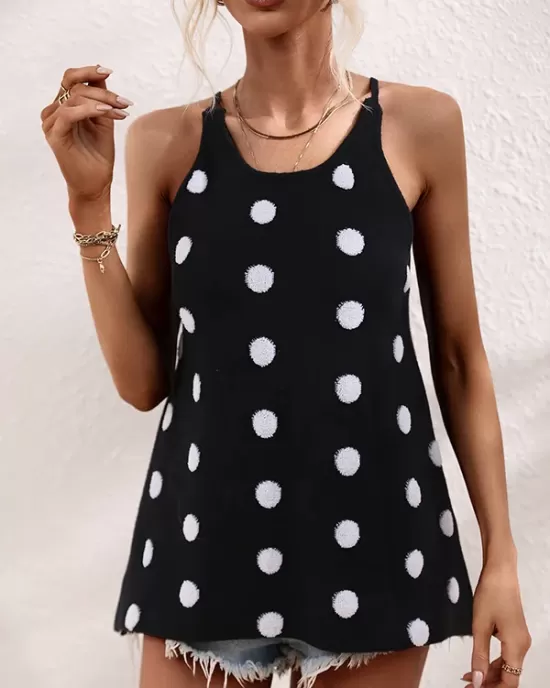 Hollow Polka-Dot High-Low Sleeveless Round-Neck Vest Top