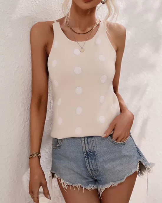 Hollow Polka-Dot High-Low Sleeveless Round-Neck Vest Top