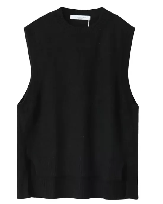 Solid Color Split-Joint Split-side High-low Loose Round-neck Vest Top Knitwear