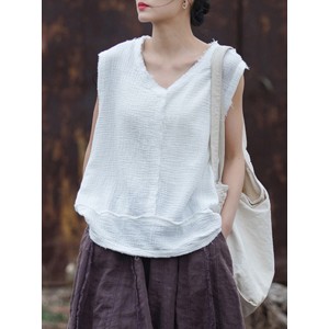 Fringed Pleated Solid Color Split-Joint Loose Sleeveless V-Neck Vest Top