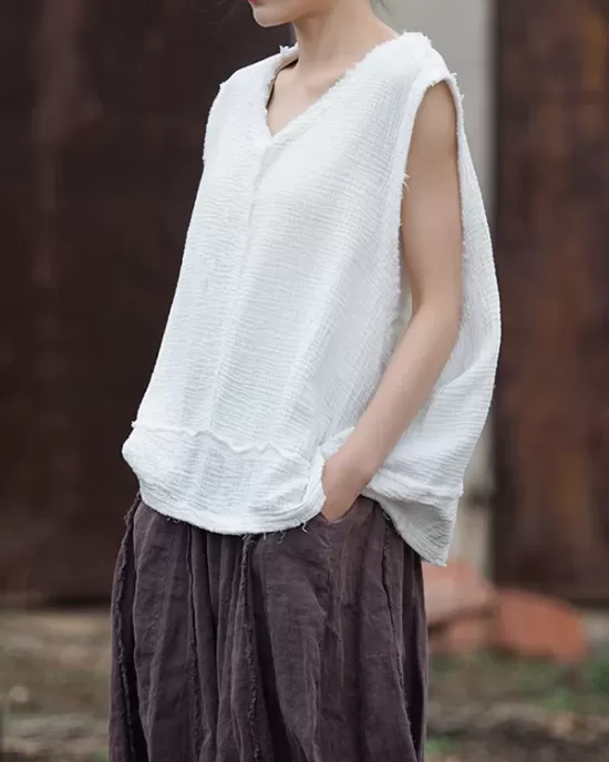 Fringed Pleated Solid Color Split-Joint Loose Sleeveless V-Neck Vest Top