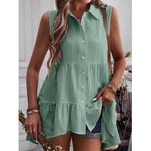 Buttoned Pleated Split-Joint High-Low Loose Lapel Vest Top