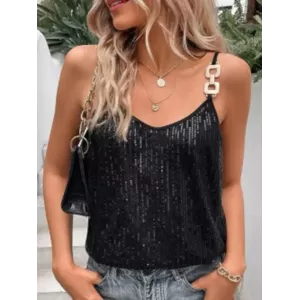 Sequined Split-Joint Loose Sleeveless Spaghetti-Neck Vest Top