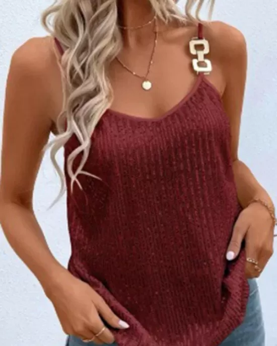 Sequined Split-Joint Loose Sleeveless Spaghetti-Neck Vest Top