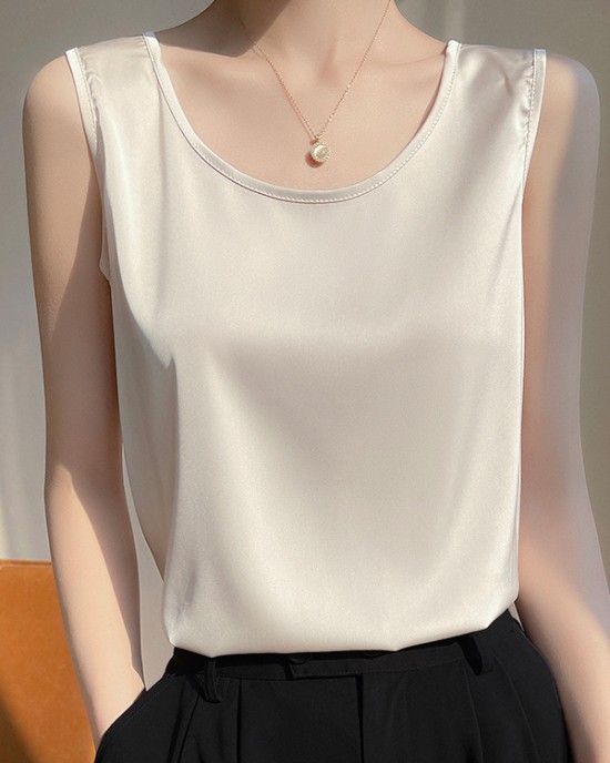 Solid Color Loose Sleeveless Round-Neck Vest Top