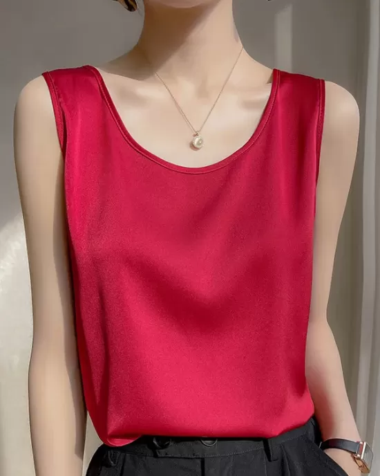 Solid Color Loose Sleeveless Round-Neck Vest Top