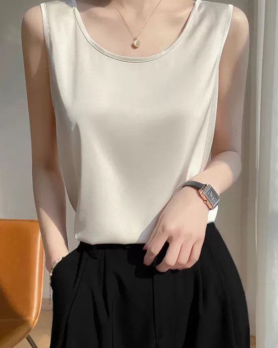 Solid Color Loose Sleeveless Round-Neck Vest Top