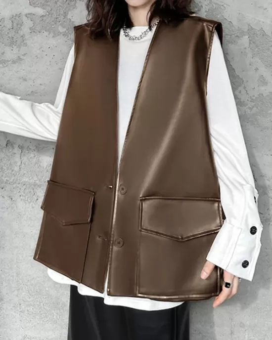 Buttoned Pockets Solid Color Loose Sleeveless V-neck Vest Outerwear