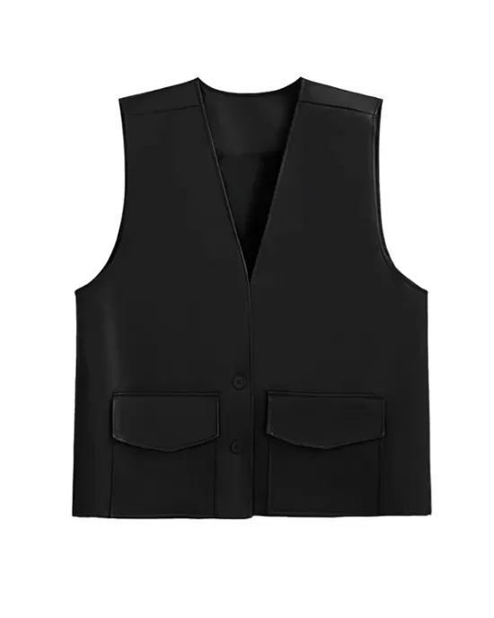 Buttoned Pockets Solid Color Loose Sleeveless V-neck Vest Outerwear